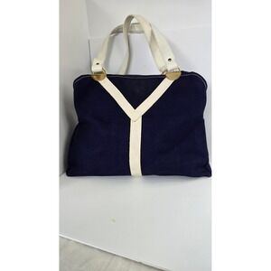 Vintage Navy Blue Canvas Tote Bag with White Leather Y Trim Gold Hardware